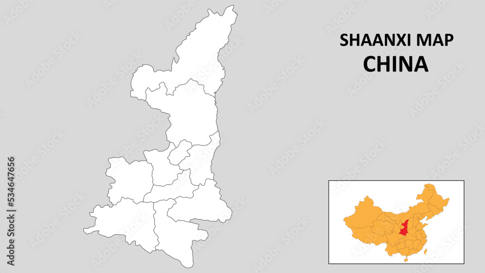 Shaanxi Map of China. Outline the state map of Shaanxi. Political map of Shaanxi with a black and white design.
