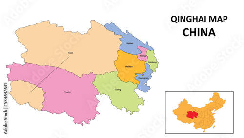 Qinghai Map of China. State and district map of Qinghai. Detailed colourful map of Qinghai.