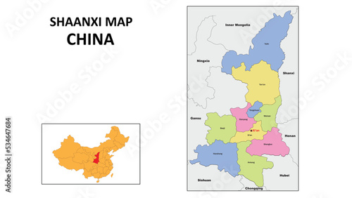Shaanxi Map of China. State and district map of Shaanxi. Political map of Shaanxi with country capital. photo