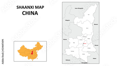 Shaanxi Map of China. State and district map of Shaanxi. Administrative map of Shaanxi with district and capital in white color.