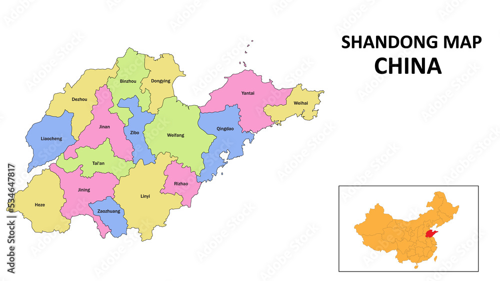 Shandong Map of China. State and district map of Shandong. Detailed colourful map of Shandong.