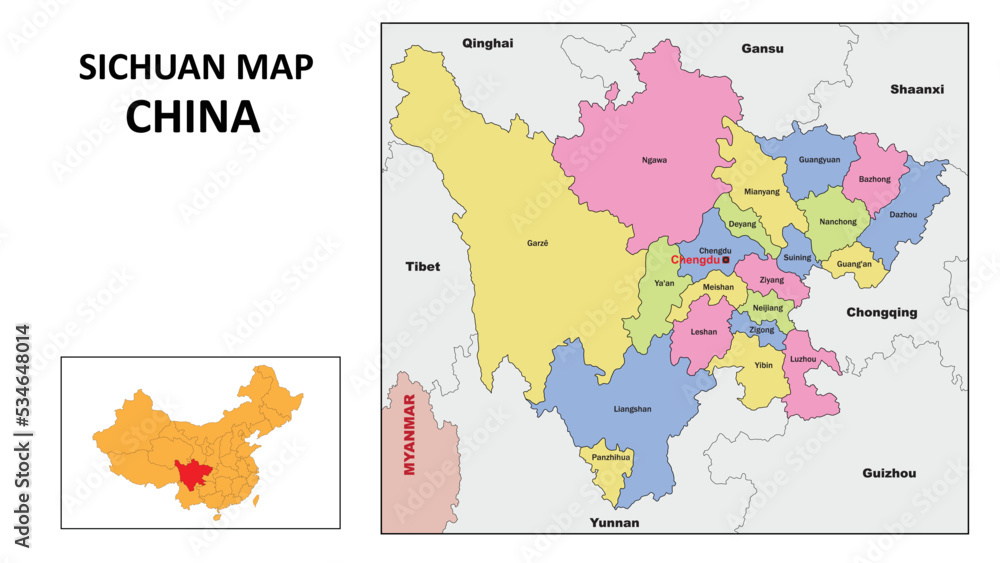 Sichuan Map of China. State and district map of Sichuan. Political map of Sichuan with country capital.
