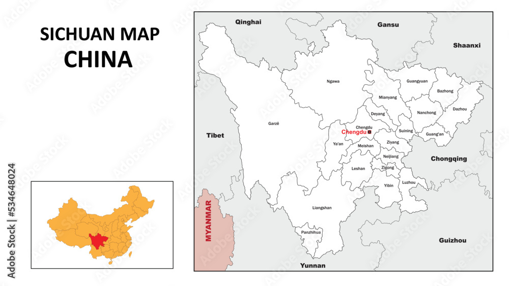 Fototapeta premium Sichuan Map of China. State and district map of Sichuan. Administrative map of Sichuan with district and capital in white color.