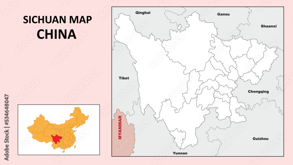 Sichuan Map of China. State and district map of Sichuan. Political map of Sichuan with outline and black and white design.