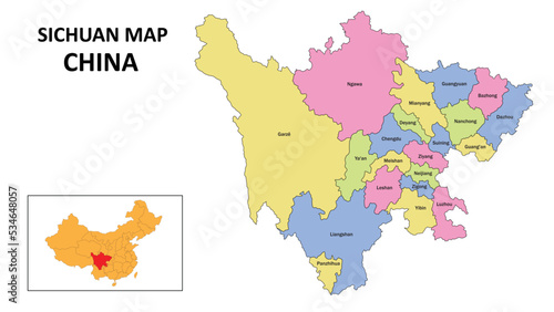 Sichuan Map of China. State and district map of Sichuan. Detailed colourful map of Sichuan. photo