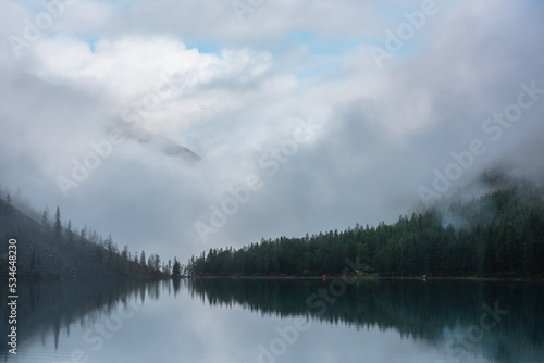 Tranquil meditative misty scenery of glacial lake with reflection of pointy fir tops and clouds at early morning. Graphic EQ of spruce silhouettes on calm alpine lake horizon. Mountain lake in fog. © Daniil
