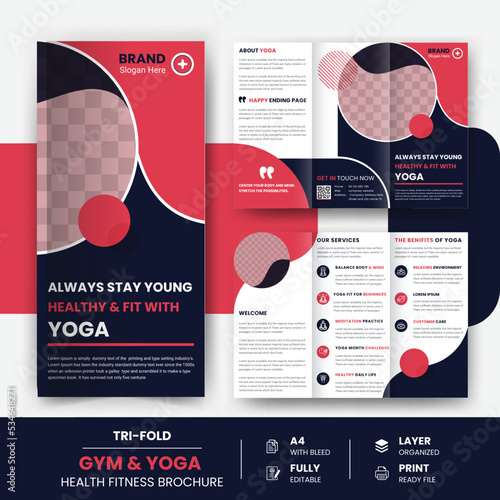 Gym trifold brochure design template, Fitness cover page, and brochure yoga flyer design template. 