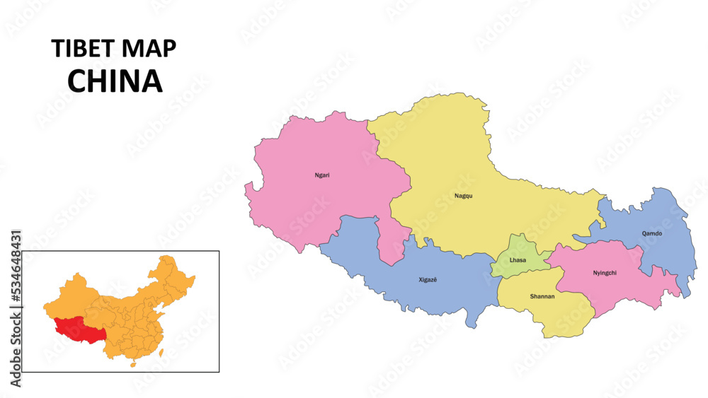 Tibet Map of China. State and district map of Tibet. Detailed colorful map of Tibet.