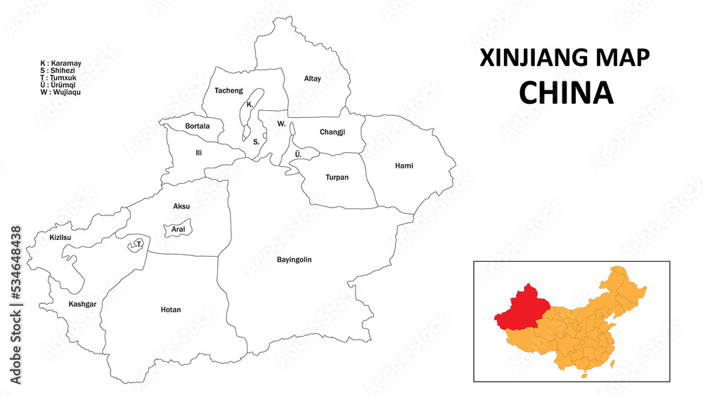 Xinjiang Map of China. State and district map of Xinjiang