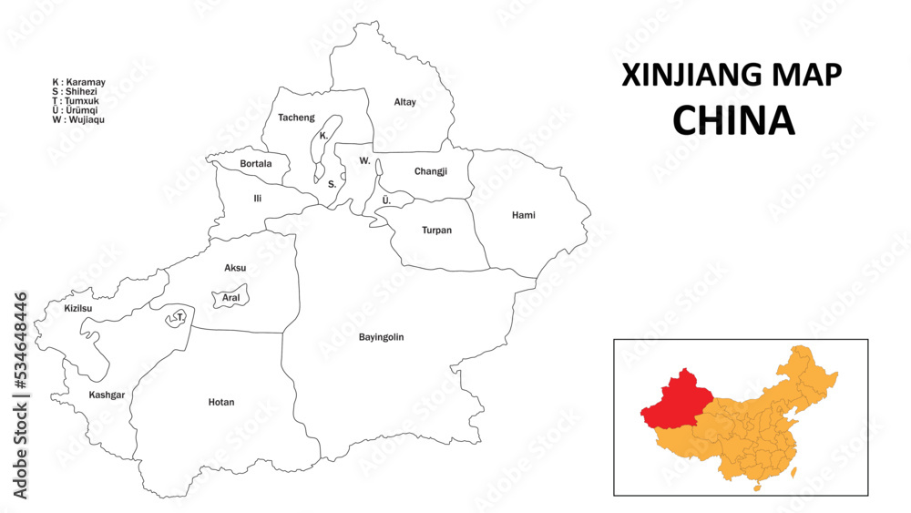 Xinjiang Map of China. State and district map of Xinjiang