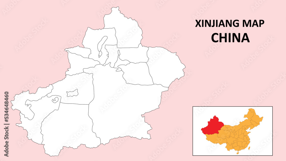 Xinjiang Map of China. Outline the state map of Xinjiang. Political map of Xinjiang with a black and white design.