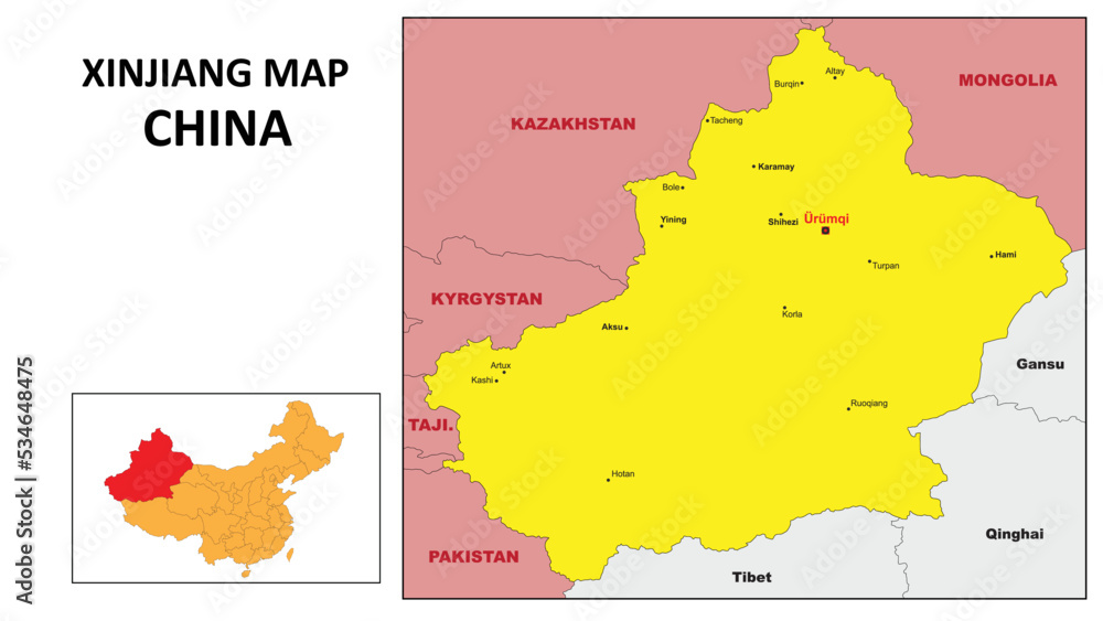 Fototapeta Xinjiang Map of China. Major city map of Xinjiang. Political map of Xinjiang with country capital.