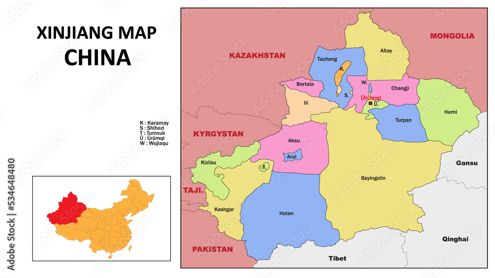 Xinjiang Map of China. State and district map of Xinjiang. Political map of Xinjiang with country capital.