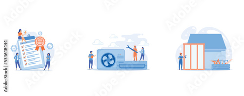 Businessman and woman near huge clock with round arrows working 24 7, Electrician service, Building construction site, set flat vector modern illustration