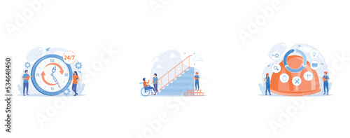 Businessman and woman near huge clock with round arrows working 24 7, Ramp for people in wheelchairs, disabled care, Information on full cycle of a building, set flat vector modern illustration