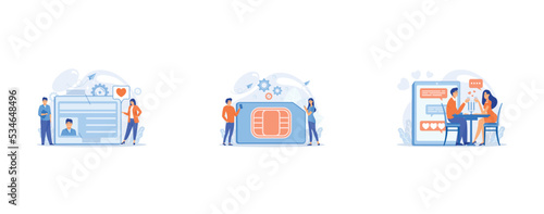 Smart ID card with photo and users, Mobile sim phone card and users with smartphones, Man and woman using online dating app on smartphone and meeting at table, tiny people, set flat vector modern illu