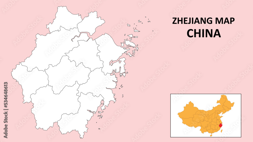 Fototapeta premium Zhejiang Map of China. Outline the state map of Zhejiang. Political map of Zhejiang with a black and white design.