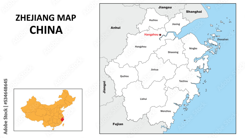 Obraz premium Zhejiang Map of China. State and district map of Zhejiang. Administrative map of Zhejiang with district and capital in white color.