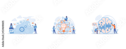 Developers using laptop and smartphone working with cloud data, Business team working on project, Man doing human brain puzzle, set flat vector modern illustration