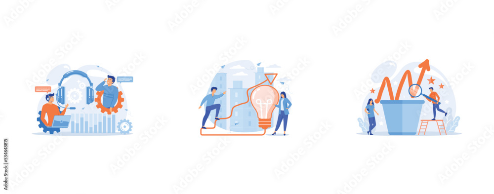 Operator wearing headset at computer cold calling to a potencial client, Businessman running up stairs arrow to lightbulb, Business team work with growth chart in flower pot, set flat vector modern il