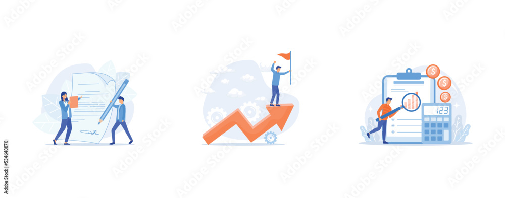Document signing, New achievement, Audit service assistance, set flat vector modern illustration Document signing, New achievement, Audit service assistance, set flat vector modern illustration