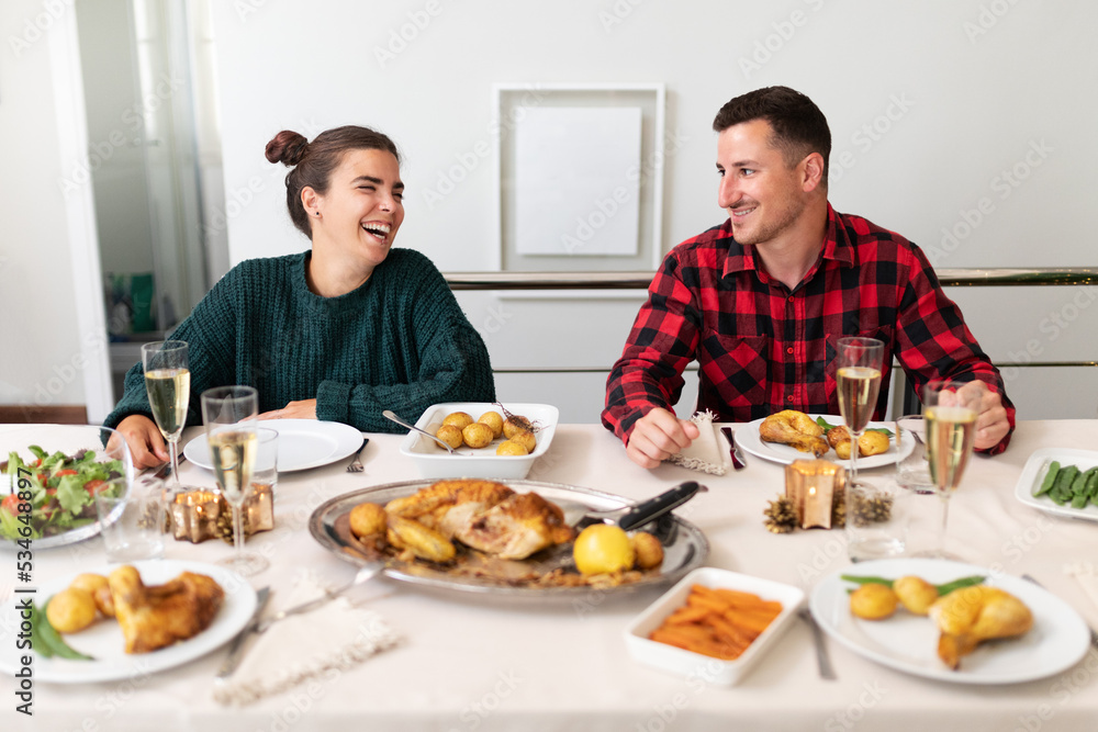 Happy, smiling young caucasian couple in love during Christmas family gathering. Christmas meal. Happy, smiling young caucasian couple in love during Christmas family gathering. Christmas meal.