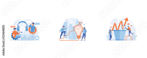 Operator wearing headset at computer cold calling to a potencial client, Businessman running up stairs arrow to lightbulb, Business team work with growth chart in flower pot, set flat vector modern il