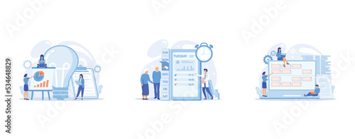 Business people analyzing and lightbulb, Smart, digital perscribed pill, remedy boxes, Tiny people developers at laptop and customer requirements., set flat vector modern illustration