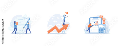 Document signing, New achievement, Audit service assistance, set flat vector modern illustration