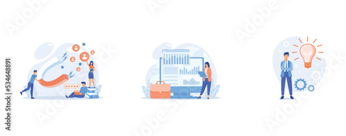 Customer feedbacks analyzing, likes farming, Stocktaking process, Business idea generation, set flat vector modern illustration