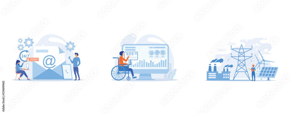 Email marketing, Internet chatting, 24 hours support, Handicapped man in wheelchair, Engineer choosing power station with solar panels and wind turbines, set flat vector modern illustration