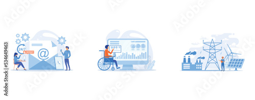 Email marketing, Internet chatting, 24 hours support, Handicapped man in wheelchair, Engineer choosing power station with solar panels and wind turbines, set flat vector modern illustration