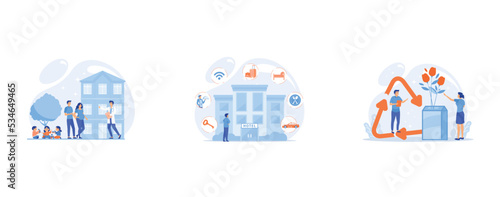 Family phisician with husband, pregnant wife and playing children, Luxurious inn, accommodation booking, Business people reuse milk carton as vase creatively and upcycling symbol, set flat vector mode