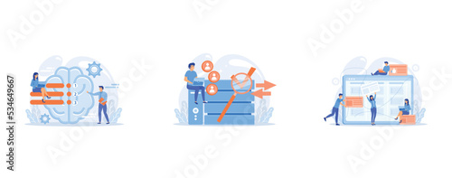 Brain with tasks and users with laptops planning, Developer working with management information system, Team members moving cards on large kanban board, set flat vector modern illustration