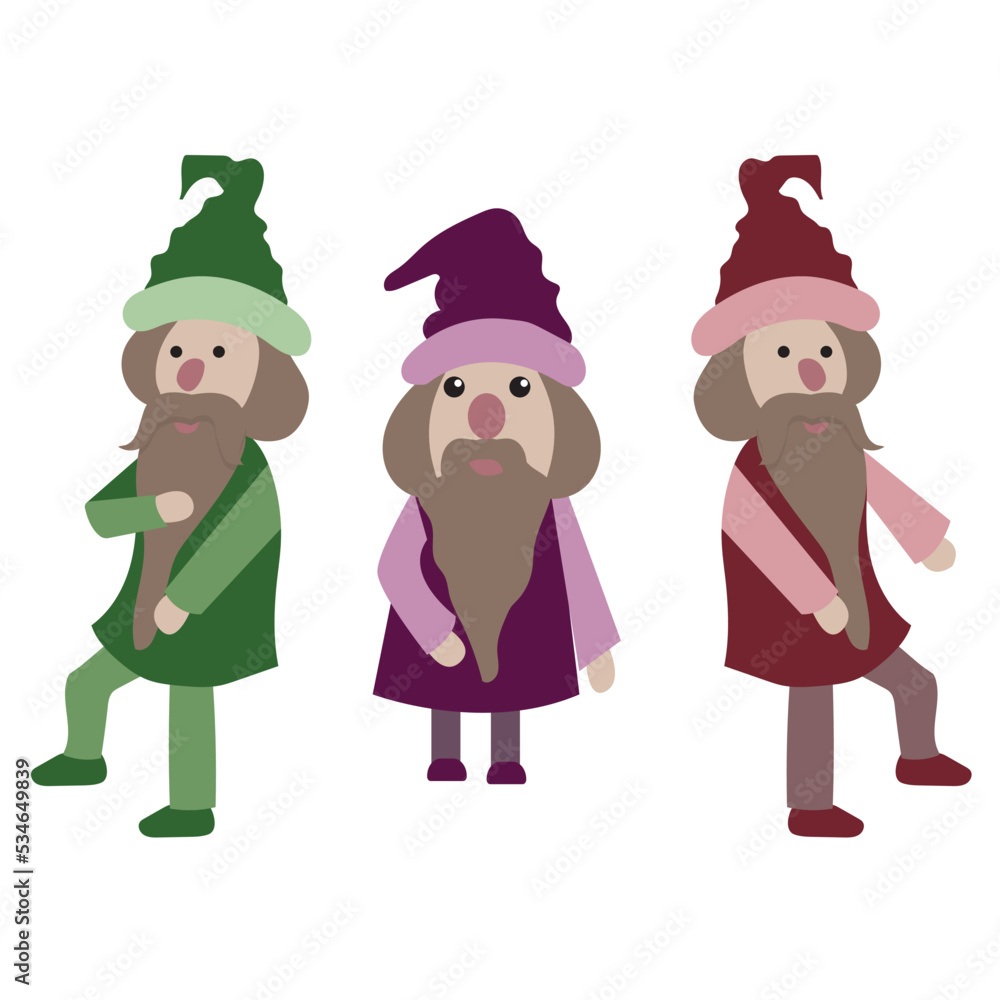Set of three little men. Dwarf character. Cute, funny gnome with a beard. Vector stock illustration. Set of three little men. Dwarf character. Cute, funny gnome with a beard. Vector stock illustration.