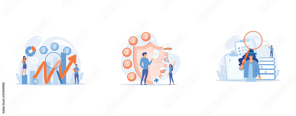 Business development strategy evaluation, Private property, transport and life protection, Secret agent searching clues and spying investigating case, set flat vector modern illustration Business development strategy evaluation, Private property, transport and life protection, Secret agent searching clues and spying investigating case, set flat vector modern illustration