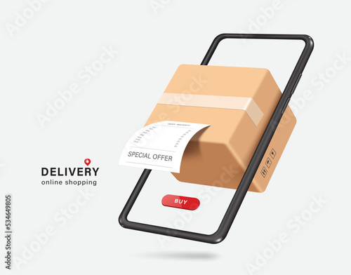 Parcel box with a receipt or invoice labeled special offer is displayed on the smartphone screen,vector 3d isolated on white background for logistics,delivery,transport and online shopping concept