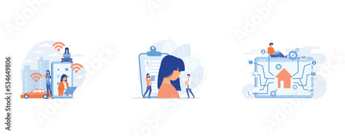 People using different electronic devices such as smartphone, laptop, tablet, Plastic surgeon correcting the form of the woman nose for rhinoplasty, Development service, smart house, IOT technology, n