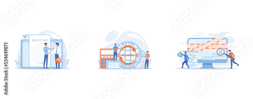 Document for purchase, Money exchange, Cyber attack, set flat vector modern illustration