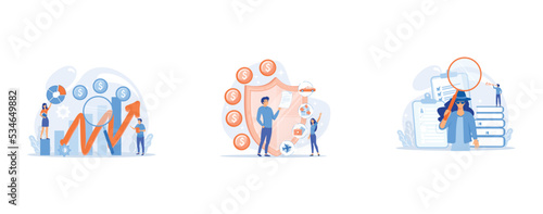 Business development strategy evaluation, Private property, transport and life protection, Secret agent searching clues and spying investigating case, set flat vector modern illustration