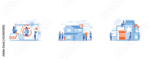 PR managers team working, personal development, Property insurance, testament signing, house buying, Marketing strategy, promo campaign, designer creating content, set flat vector modern illustration