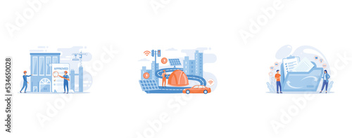 Architectural project approval, safety check, Building engineer and smart road using sensors and solar energy, Delegating duties and responsibilities to colleagues, set flat vector modern illustration