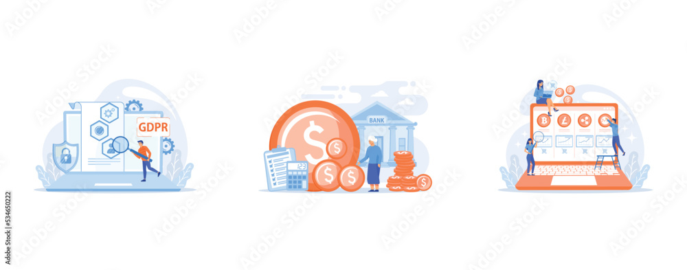 GDPR and cyber security, confidential database, Earnings fund, budget calculating, social security, Economic data analysis, market value calculation, set flat vector modern illustration