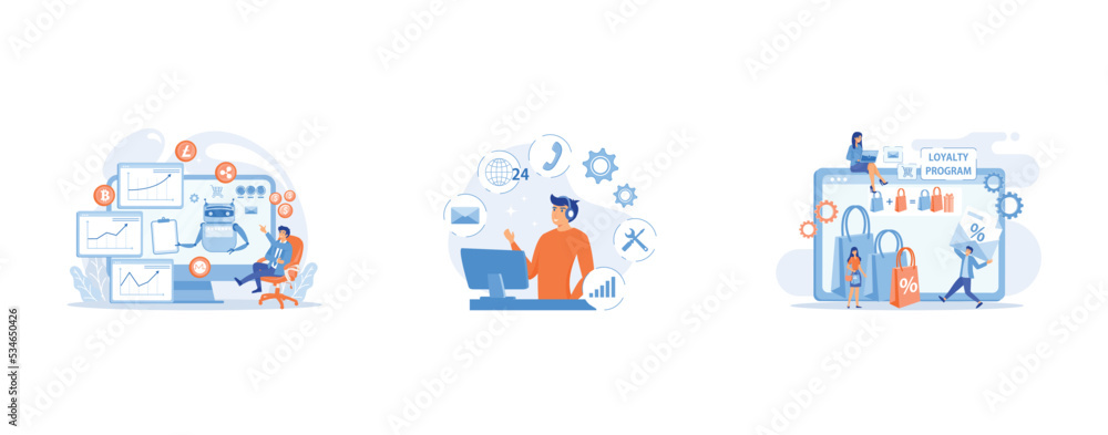 Cryptocurrency mining software, artificial intelligence for e business, Clients assistance, call center, hotline operator, consultant manager, Shopping sale, set flat vector modern illustration