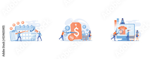 Colleagues preparing for corporate party, Customer attraction marketing, T-shirt print on demand services, set flat vector modern illustration
