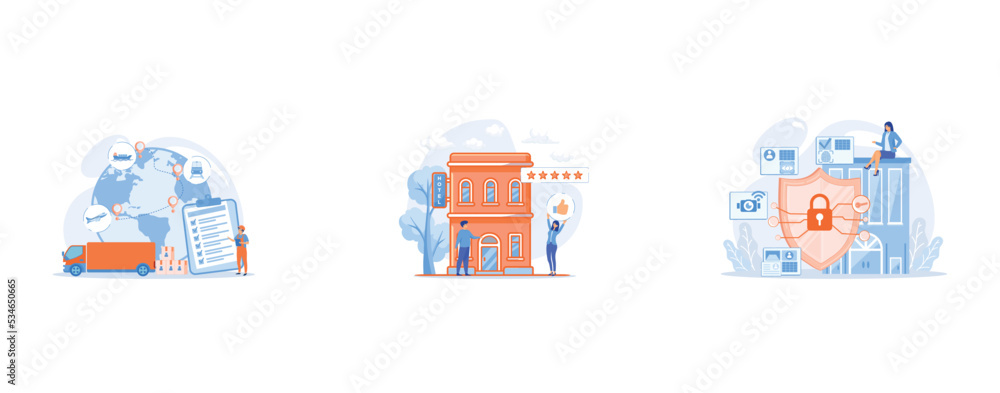 Orders worldwide shipment service agreement, Business people with thumb up for modern trendy lifestyle hotel, Home protection, set flat vector modern illustration