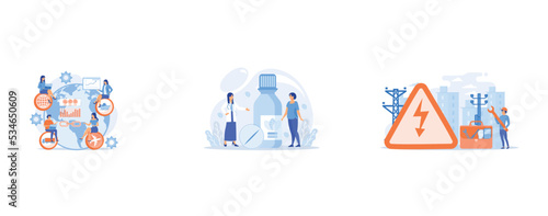 Global distribution, international cargo freight company, Holistic healing, Electrician engineer, technician with wrench, set flat vector modern illustration