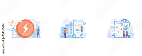 Engineer working with wind turbines producing green energy, light bulb, Booking accommodation mobile application, Travel destination choosing, accommodation booking system, set flat vector modern illu