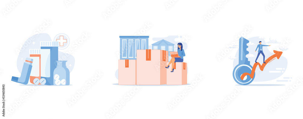 Fototapeta premium Pharmaceutical products, Relocation services, Business strategy planning, set flat vector modern illustration