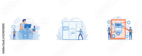 System administrators or sysadmins are servicing server racks, Kanban board with to do lists, Developers with wrench work on chatbot application development, set flat vector modern illustration